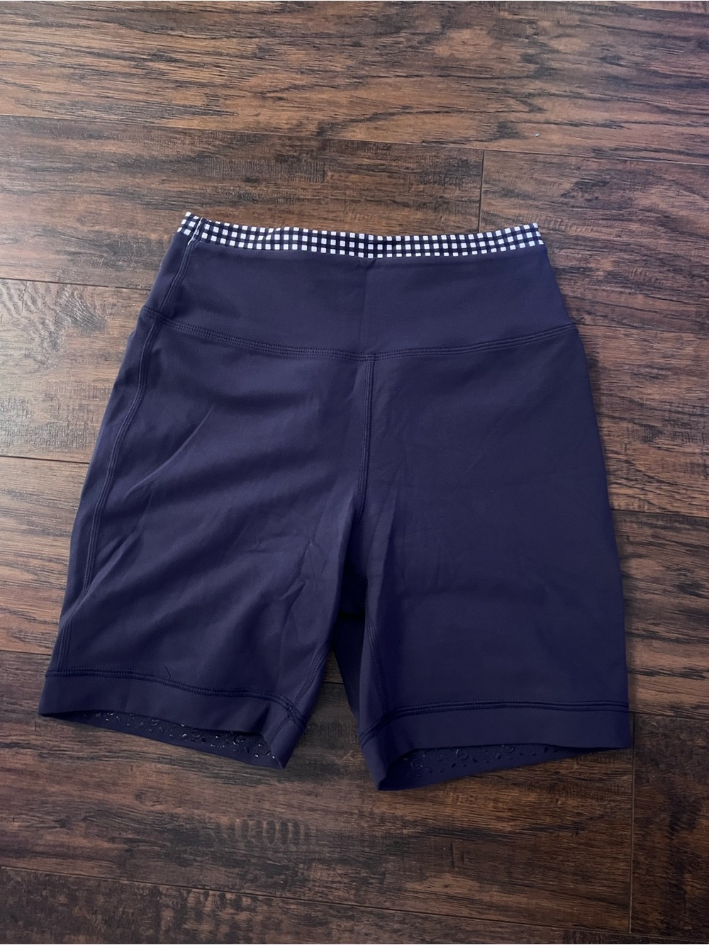 High-Rise Navy Bike Shorts with Gingham Waistband